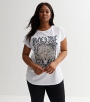 New Look Curves White Leopard Brave & True Logo T-Shirt
